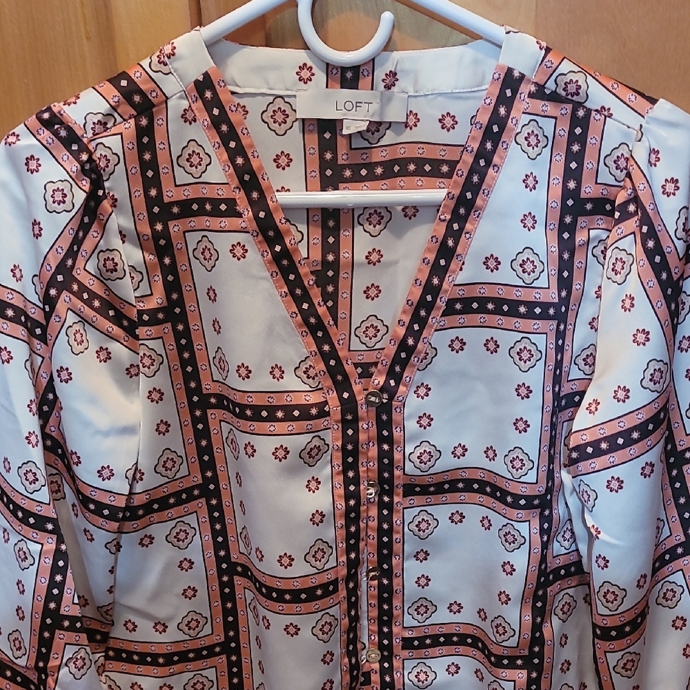 LOFT Cream Graphic Boxy Blouse with Mandarin Collar